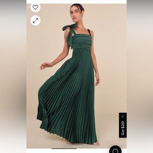 Emerald Satin Pleated Sleeveless Bow Maxi Dress